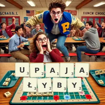 Kreatywna ilustracja do gry w Scrabble ze słowem UPAJAŁYBY ułożonym z płytek na planszy.