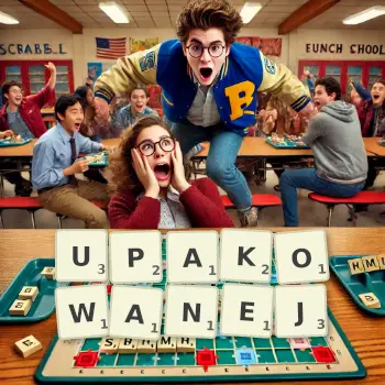 Kreatywna ilustracja do gry w Scrabble ze słowem UPAKOWANEJ ułożonym z płytek na planszy.