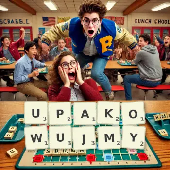 Kreatywna ilustracja do gry w Scrabble ze słowem UPAKOWUJMY ułożonym z płytek na planszy.