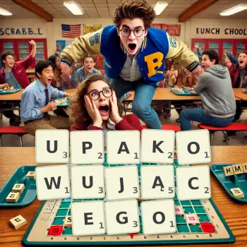 Kreatywna ilustracja do gry w Scrabble ze słowem UPAKOWUJĄCEGO ułożonym z płytek na planszy.