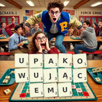 Kreatywna ilustracja do gry w Scrabble ze słowem UPAKOWUJĄCEMU ułożonym z płytek na planszy.