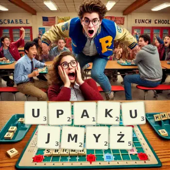 Kreatywna ilustracja do gry w Scrabble ze słowem UPAKUJMYŻ ułożonym z płytek na planszy.