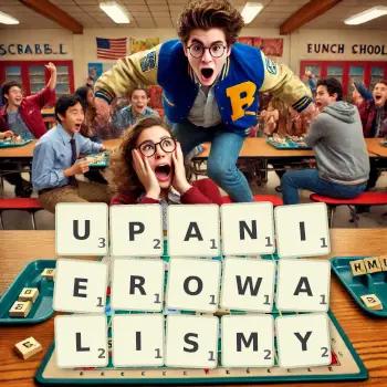 Kreatywna ilustracja do gry w Scrabble ze słowem UPANIEROWALISMY ułożonym z płytek na planszy.