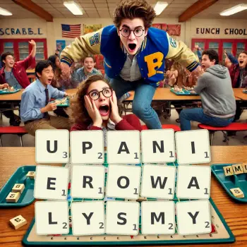 Kreatywna ilustracja do gry w Scrabble ze słowem UPANIEROWALYSMY ułożonym z płytek na planszy.