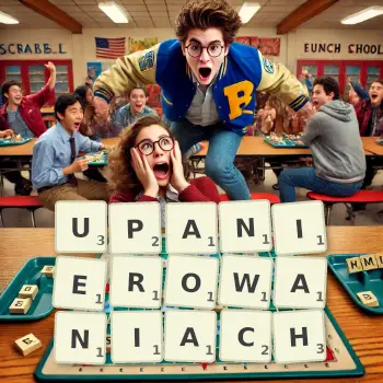 Kreatywna ilustracja do gry w Scrabble ze słowem UPANIEROWANIACH ułożonym z płytek na planszy.