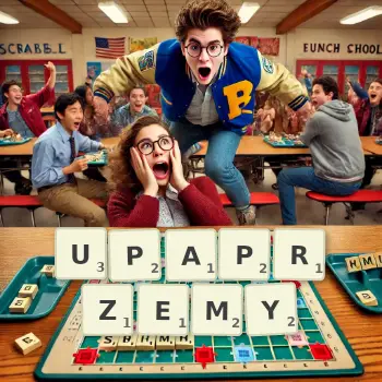 Kreatywna ilustracja do gry w Scrabble ze słowem UPAPRZEMY ułożonym z płytek na planszy.