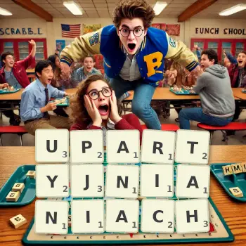 Kreatywna ilustracja do gry w Scrabble ze słowem UPARTYJNIANIACH ułożonym z płytek na planszy.