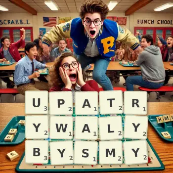 Kreatywna ilustracja do gry w Scrabble ze słowem UPATRYWALYBYSMY ułożonym z płytek na planszy.