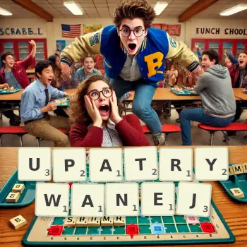 Kreatywna ilustracja do gry w Scrabble ze słowem UPATRYWANEJ ułożonym z płytek na planszy.