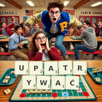 Kreatywna ilustracja do gry w Scrabble ze słowem UPATRYWAĆ ułożonym z płytek na planszy.