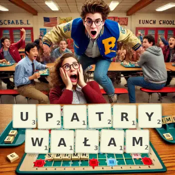 Kreatywna ilustracja do gry w Scrabble ze słowem UPATRYWAŁAM ułożonym z płytek na planszy.