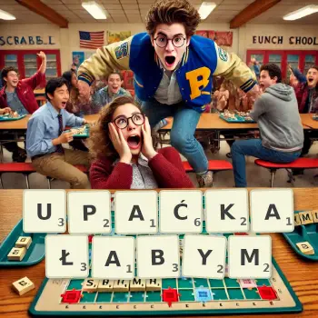 Kreatywna ilustracja do gry w Scrabble ze słowem UPAĆKAŁABYM ułożonym z płytek na planszy.