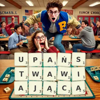 Kreatywna ilustracja do gry w Scrabble ze słowem UPAŃSTWAWIAJĄCĄ ułożonym z płytek na planszy.