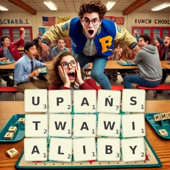 Kreatywna ilustracja do gry w Scrabble ze słowem UPAŃSTWAWIALIBY ułożonym z płytek na planszy.