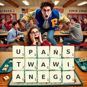 Kreatywna ilustracja do gry w Scrabble ze słowem UPAŃSTWAWIANEGO ułożonym z płytek na planszy.