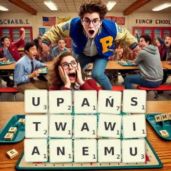 Kreatywna ilustracja do gry w Scrabble ze słowem UPAŃSTWAWIANEMU ułożonym z płytek na planszy.