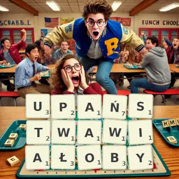 Kreatywna ilustracja do gry w Scrabble ze słowem UPAŃSTWAWIAŁOBY ułożonym z płytek na planszy.