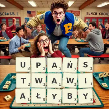 Kreatywna ilustracja do gry w Scrabble ze słowem UPAŃSTWAWIAŁYBY ułożonym z płytek na planszy.