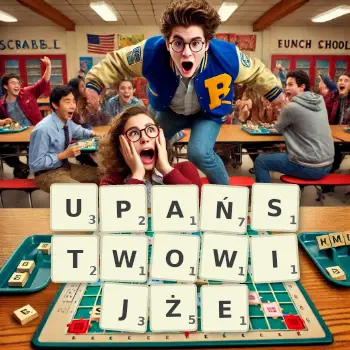 Kreatywna ilustracja do gry w Scrabble ze słowem UPAŃSTWOWIJŻE ułożonym z płytek na planszy.