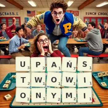 Kreatywna ilustracja do gry w Scrabble ze słowem UPAŃSTWOWIONYMI ułożonym z płytek na planszy.