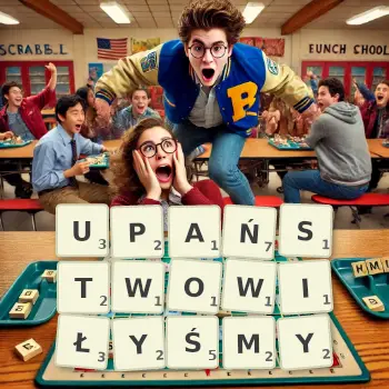 Kreatywna ilustracja do gry w Scrabble ze słowem UPAŃSTWOWIŁYŚMY ułożonym z płytek na planszy.