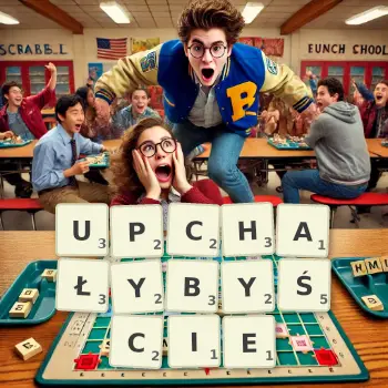 Kreatywna ilustracja do gry w Scrabble ze słowem UPCHAŁYBYŚCIE ułożonym z płytek na planszy.