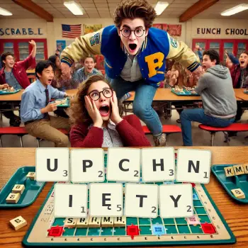 Kreatywna ilustracja do gry w Scrabble ze słowem UPCHNIĘTY ułożonym z płytek na planszy.