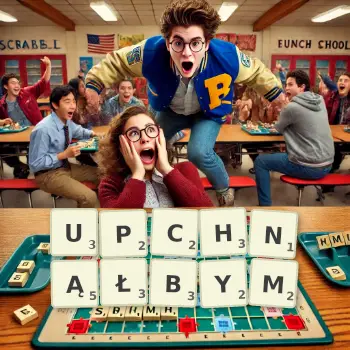 Kreatywna ilustracja do gry w Scrabble ze słowem UPCHNĄŁBYM ułożonym z płytek na planszy.