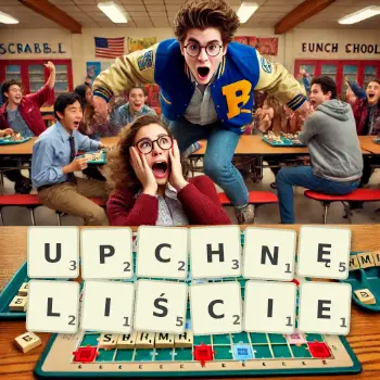 Kreatywna ilustracja do gry w Scrabble ze słowem UPCHNĘLIŚCIE ułożonym z płytek na planszy.