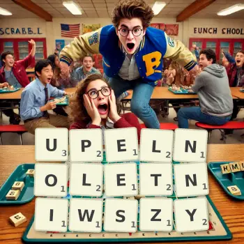 Kreatywna ilustracja do gry w Scrabble ze słowem UPELNOLETNIWSZY ułożonym z płytek na planszy.