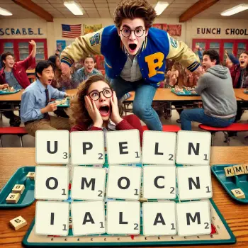 Kreatywna ilustracja do gry w Scrabble ze słowem UPELNOMOCNIALAM ułożonym z płytek na planszy.