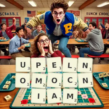 Kreatywna ilustracja do gry w Scrabble ze słowem UPELNOMOCNIAM ułożonym z płytek na planszy.