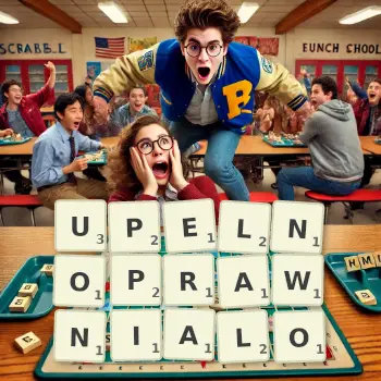 Kreatywna ilustracja do gry w Scrabble ze słowem UPELNOPRAWNIALO ułożonym z płytek na planszy.