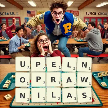 Kreatywna ilustracja do gry w Scrabble ze słowem UPELNOPRAWNILAS ułożonym z płytek na planszy.