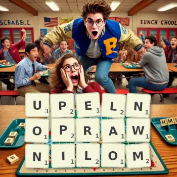 Kreatywna ilustracja do gry w Scrabble ze słowem UPELNOPRAWNILOM ułożonym z płytek na planszy.