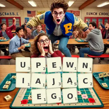 Kreatywna ilustracja do gry w Scrabble ze słowem UPEWNIAJĄCEGO ułożonym z płytek na planszy.