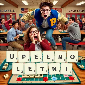 Kreatywna ilustracja do gry w Scrabble ze słowem UPEŁNOLETNI ułożonym z płytek na planszy.