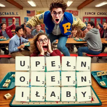 Kreatywna ilustracja do gry w Scrabble ze słowem UPEŁNOLETNIŁABY ułożonym z płytek na planszy.