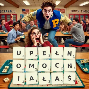 Kreatywna ilustracja do gry w Scrabble ze słowem UPEŁNOMOCNIAŁAŚ ułożonym z płytek na planszy.