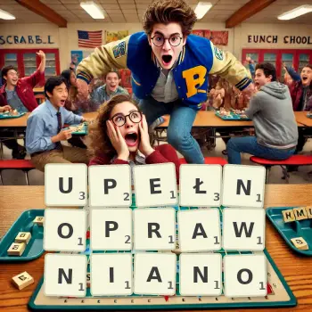 Kreatywna ilustracja do gry w Scrabble ze słowem UPEŁNOPRAWNIANO ułożonym z płytek na planszy.