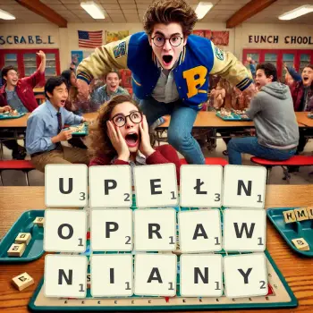 Kreatywna ilustracja do gry w Scrabble ze słowem UPEŁNOPRAWNIANY ułożonym z płytek na planszy.