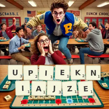 Kreatywna ilustracja do gry w Scrabble ze słowem UPIEKNIAJZE ułożonym z płytek na planszy.