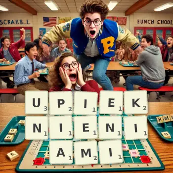 Kreatywna ilustracja do gry w Scrabble ze słowem UPIEKNIENIAMI ułożonym z płytek na planszy.