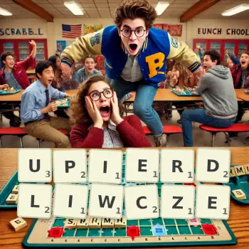 Kreatywna ilustracja do gry w Scrabble ze słowem UPIERDLIWCZE ułożonym z płytek na planszy.