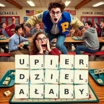 Kreatywna ilustracja do gry w Scrabble ze słowem UPIERDZIELAŁABY ułożonym z płytek na planszy.