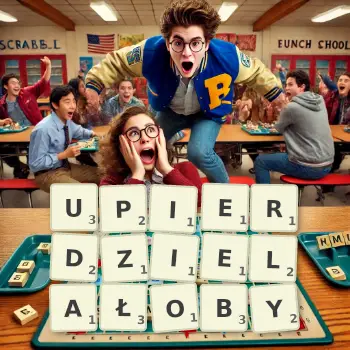 Kreatywna ilustracja do gry w Scrabble ze słowem UPIERDZIELAŁOBY ułożonym z płytek na planszy.