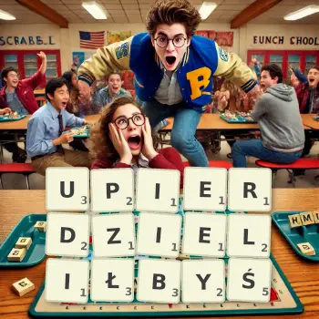 Kreatywna ilustracja do gry w Scrabble ze słowem UPIERDZIELIŁBYŚ ułożonym z płytek na planszy.
