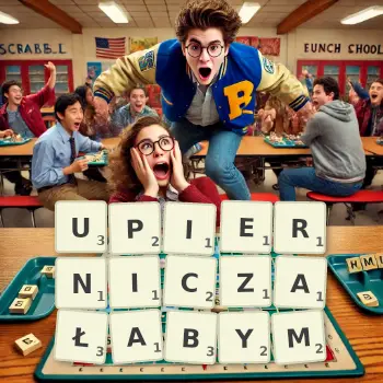 Kreatywna ilustracja do gry w Scrabble ze słowem UPIERNICZAŁABYM ułożonym z płytek na planszy.