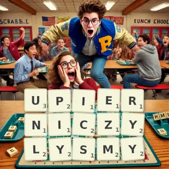 Kreatywna ilustracja do gry w Scrabble ze słowem UPIERNICZYLYSMY ułożonym z płytek na planszy.