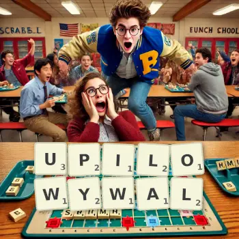 Kreatywna ilustracja do gry w Scrabble ze słowem UPILOWYWAL ułożonym z płytek na planszy.